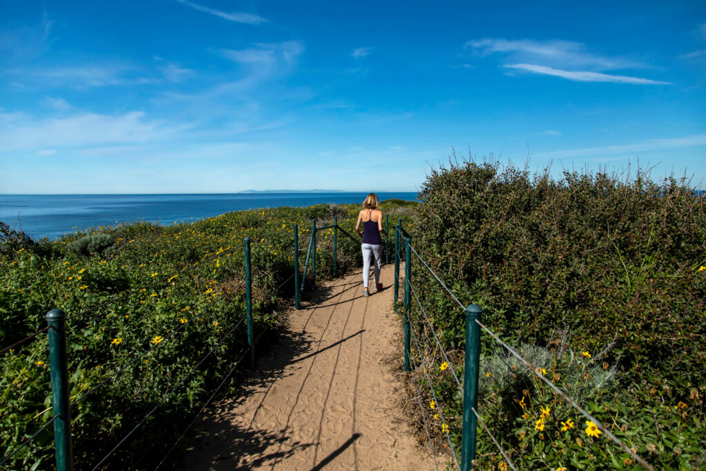 Wide angle view of short haired blonde women in her 40s in jeans and black top walking on dirt trail overlooking the pacific ocean flanked by daisy bushes