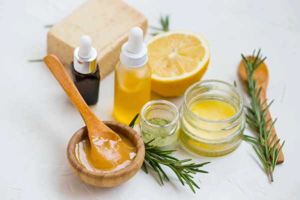 spa oils and lotions on table