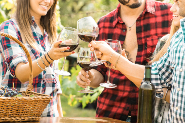 group of friends holding glasses of wine