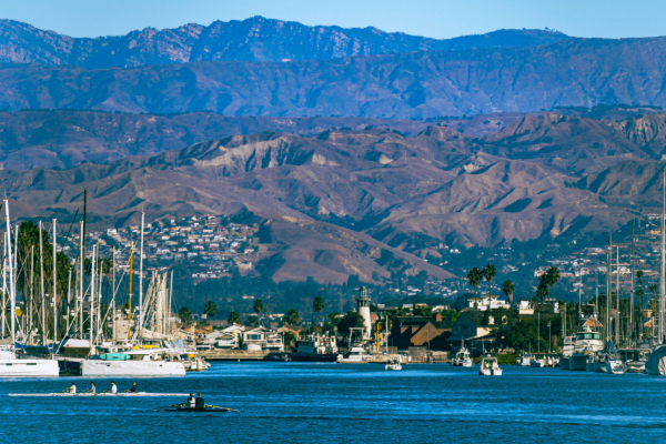 channel islands harbor kayak on the ocean with mountains in the background