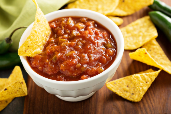 bowl of homemade salsa with tortilla chips