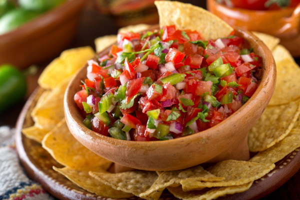 bowl of pico de gallo salsa with tortilla chips